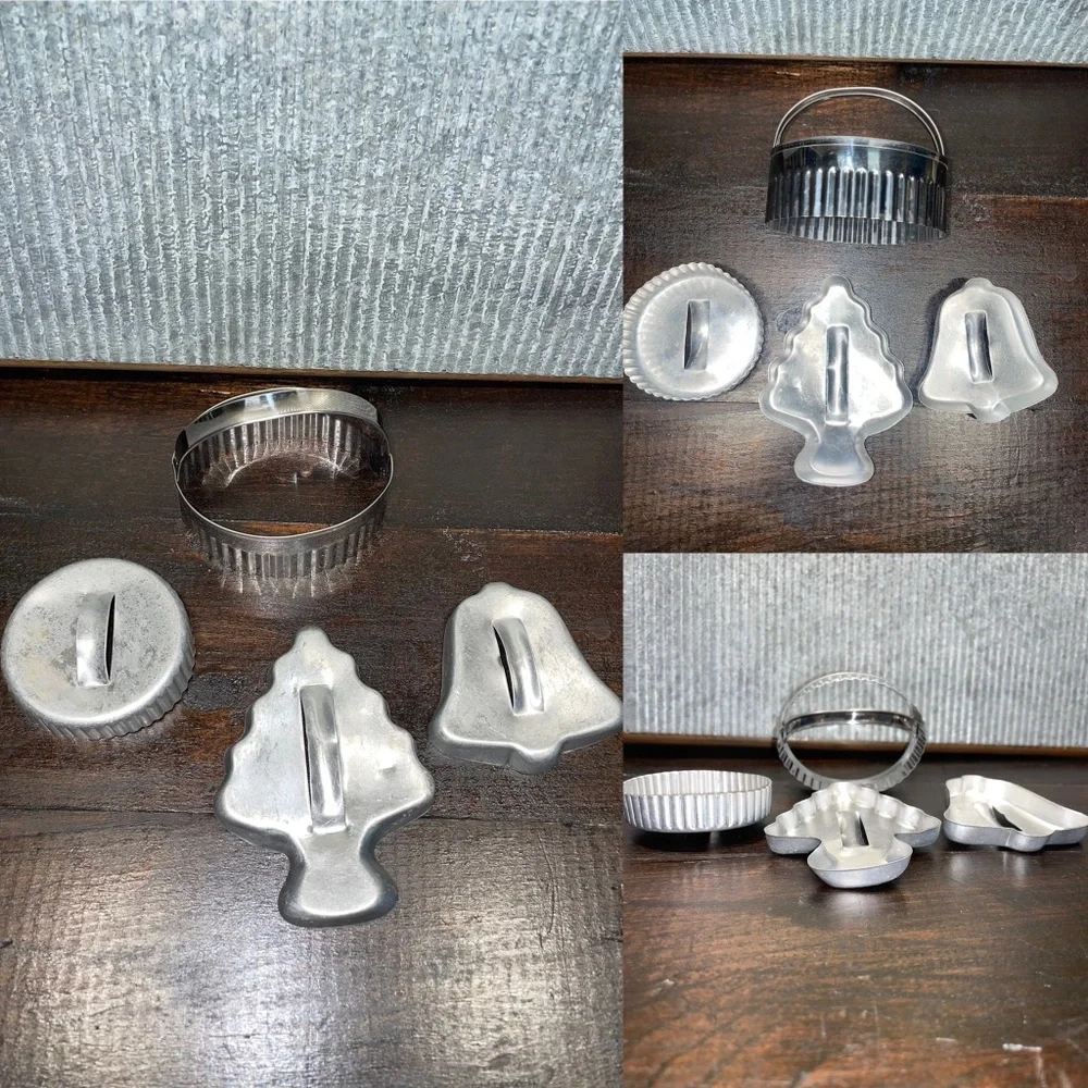 4 Vintage Aluminum Metal Christmas Tree Bell &‎ Serrated Cookie Cutter W/handles